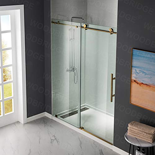 Woodbridge Frameless Sliding Shower Door, 44"-48" Width, 76" Height, 3/8" (10 Mm) Clear Tempered Glass, Finish, Designed For Smooth Door Closing. Brushed Gold. #TOP4