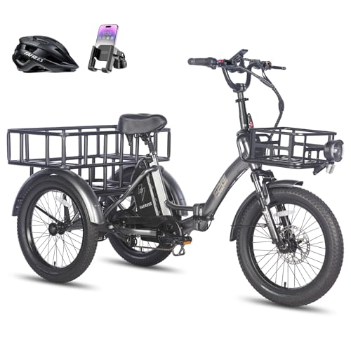 Fafrees F20 Mate ebike klapprad Dreirad 20 * 3.0 Zoll, E-Dreirad für Erwachsene 48V 18.2Ah Akku, e-Bike 3 Rad 25km/h, Lastenfahrrad für senioren Reichweite 55-110Km (Vorderkorb + großer Korb, Grau)