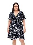 Kurze Ärmel und V-Ausschnitt Zizzi Große Größen Damen Wickelkleid aus Viskose mit Punkten Gr 50-52 Blau
