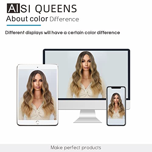 Aisi Queens Long Wavy Ombre Wig Brown Mixed Blonde Synthetic Middle Part Wigs For Women Heat Resistant Hair Replacement Wigs For Daily Wear 20 Inch #TOP6