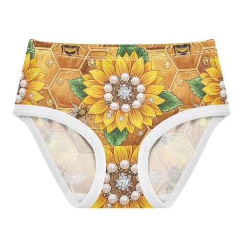 Bees Sunflowers Honeycomb Yellow Toddler Girls Underwear, Girls Cotton Underwear, 2T–8 Years