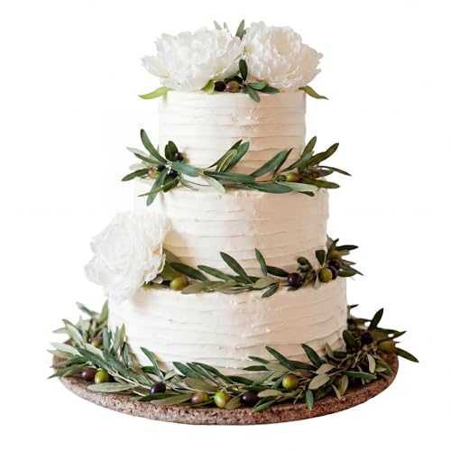 Gemscream 6 Pcs Artificial Olive Branches Cake Decor Olive Leaf Garland Wedding Cake Decorations White Faux Peony Flowers Greenery for Wedding Anniversary Birthday Party Festival Celebration