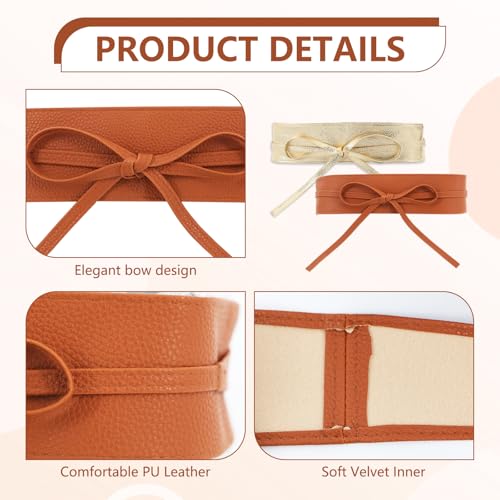 2 PCS Wide Belts for Women, Camel Gold Corset Belt, Fashionable Imitation Leather Design, Wrapped Bow Design, Suitable for Dresses, Gowns, Shirts3