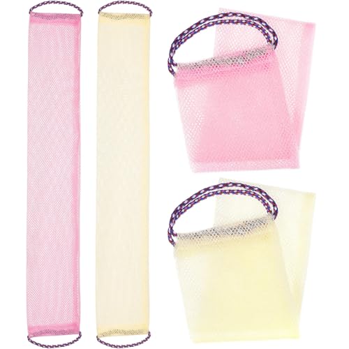 ULTECHNOVO Toallas Exfoliantes para Cuerpo y Espalda de Nailon 4 Piezas, Tiras Largas 14x75 Cm, Colores Rosa y Beige, Depuradores para Ducha, Exfoliantes y Depurador Corporal para Baño