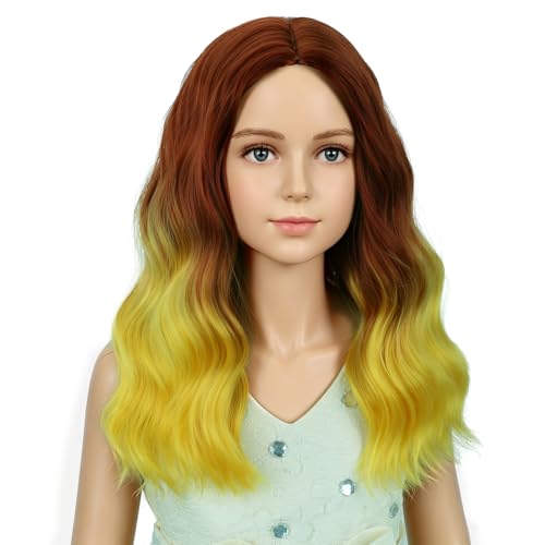 Image of PATTNIUM Flame Color Wig for Kids Girls Short Flame Fire Colored Wigs Side Part Shoulder Length Wavy Heat Resistant Synthetic Wig