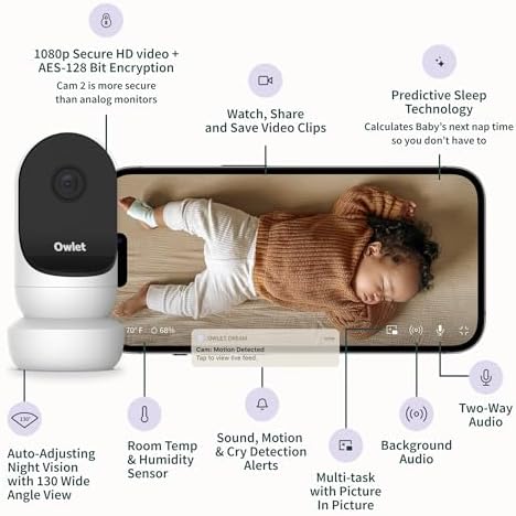 Owlet Cam 2 (Gen 2) 스마트 베이비 모니터 - 야간 시야가 있는 HD 비디오 카메라, 4배 줌 및 광각 뷰, 양방향 통화, 사운드 및 모션 알림, 온도 및 습도 센서, 암호화된 WiFi | 화이트 — 사진 3