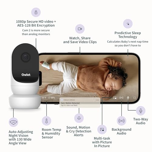 owlet cam smart video baby monitor with video camera and audio - secure wifi 1080p night vision customize cry sound and motion alerts 2-way audio mounting kit
