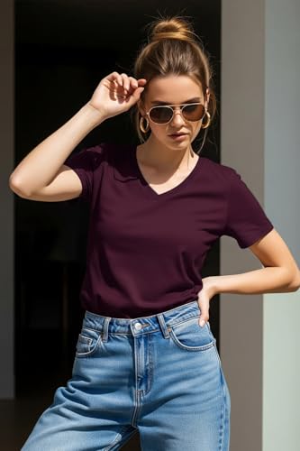 Image of JUNEBERRY Cotton Lycra Regular Fit V- Neck Solid Core Half Sleeves T-Shirt for Women & Girls (Colors Available: Black, Green, Magenta, Blue, Orange & Limeade)