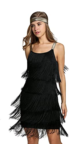 MIMIKRY Vestido con flecos de los años 20, color negro y dorado, con diadema, disfraz de Charleston Flapper para mujer, talla: XL Cover