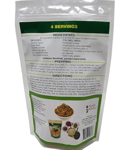 Chef Lilian's Egusi Kit- Nigerian West African Food Kit with Ground Melon Seeds (Egusi), Dehydrated Spinach, Seasoning, Hot Chili Powder, Soup Mix 4 Servings (Pack of 1)