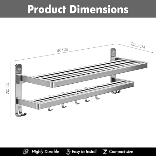 Image of Zureni Towel Rack for Bathroom 2 Tier 304 Grade Stainless Steel Multipurpose Wall Mounted Hanger Shelf with Hooks Accessories and Fittings Home Washroom Kitchen (Pack of 1, 1024)