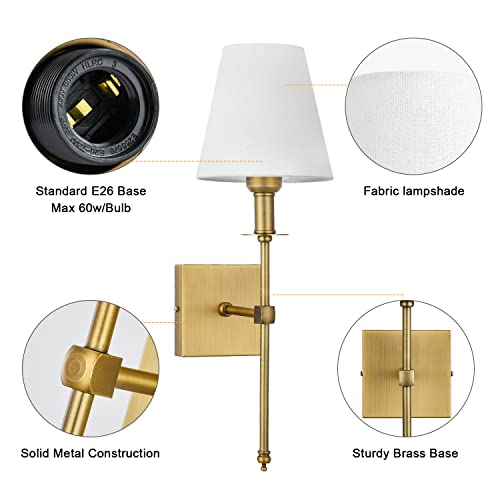 Bsmathom Wall Sconces Sets Of 2, Brushed Brass Sconces Wall Lighting With Fabric Shade, Hardwired Column Stand Bathroom Vanity Light Fixture For Hallway, Entryway, Passway Kitchen, Gold #TOP2