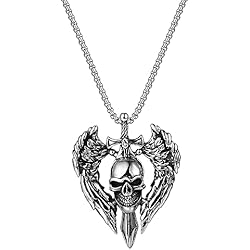 Flongo Collar de Calavera Acero para Hombre Cadena de Ala 56 cm Calavera Alas de áNgel Joyería de Motociclista Halloween Retro Colgante de Plata Regalo Halloween Niño Hiphop Punk