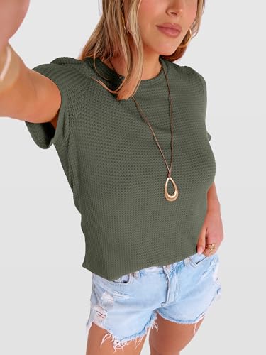 ANRABESS Women's Summer Waffle Knit Tops,Army Green,S — view 6