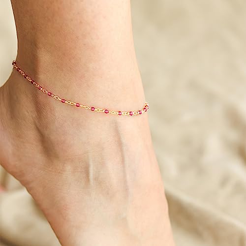 MEVECCO Anklet for Women Gold Bead Wire Wrapped Rosary Chain Rosy Zirconia 14K Gold Plated Dainty Boho Beach Summer Simple Foot Jewelry Ankle Bracelet - Thumbnail 3