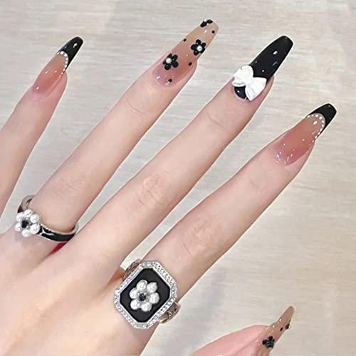 BETHYNAS 24 Pcs French Coffin False Nails with Design Bow-Knot Butterfly Pearl Crystal Long Ballerina Fake Nails Salon Acrylic Clip-on for Women Girls (Bow-Knot&Black)