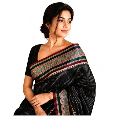 Image of Black Narayanpet Pure Mercerised Cotton Saree with stripes | Handloom Traditional Saree with Contrast Border | Soft Lightweight Ethnic Wear | Festive & Daily Wear Saree |