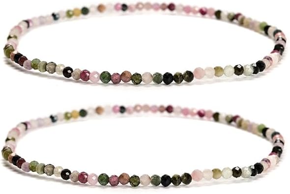 2 Pcs/Set 2mm 3mm 4mm Trendy Genuine Real Multi Color Tourmaline Gemstone Bracelet, Faceted Round Stretch Beaded Bracelets for Women Men