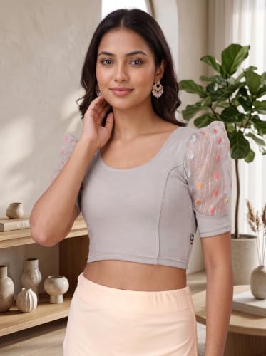 Image of SFT Women's Cotton Lycra Blend Readymade Saree Blouse with Round Neck Half Sleeves Solid Pattern Knit Weave Regular Fit and Pull On Closure