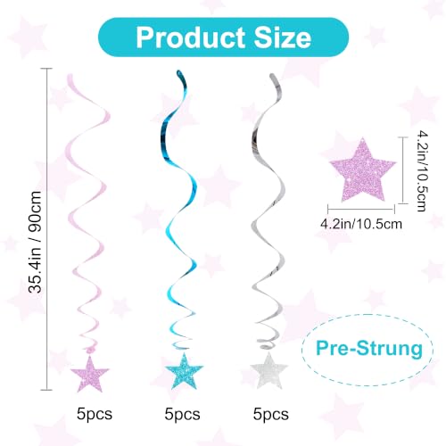Image of BEISHIDA Blue Glitter Stars Hanging Swirls Pre-Strung Stars Hanging Decorations for Baby Shower Gender Reveal Birthday Party Decorations Supplies,Pack of 15