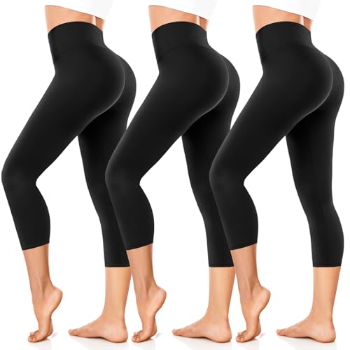 FuelMeFoot Damen 3/4 Leggings Capri 3er Pack High Waist Schwarz Leggins...