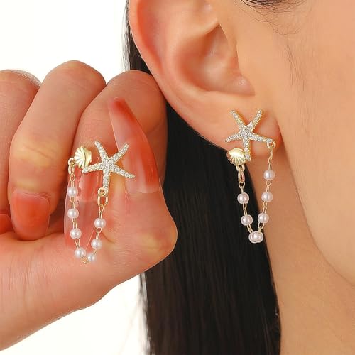 Starfish Earrings Pearl Drop Shell Conch Earrings for Women Ocean Seashell Summer Beach Jewelry Tropical Vacation Outfits for Women Halloween Cosplay Costume2