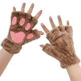 Hmxpls Fingerless Cat Paw Gloves, Furry Bear Paw Gloves, Winter Plush Glove Cosplay Costume Accessories (Khaki)