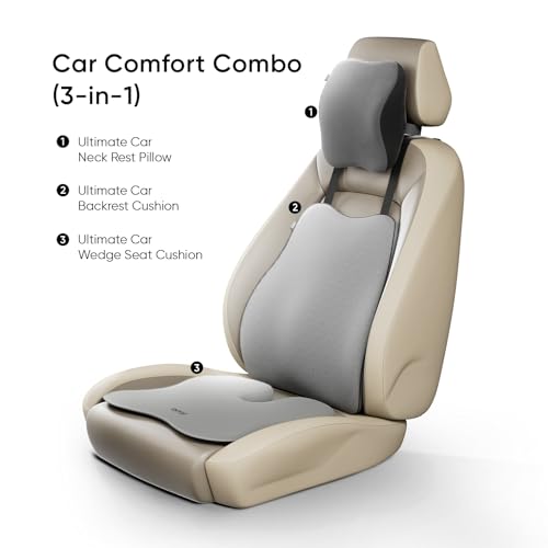 Image of Frido Ultimate Car Comfort Combo | Neck Rest, Backrest & Wedge Seat Cushion Combo of 3 | Ergonomic Neck, Back & Seating Support | Driving & Daily Commutes | Posture Correction | Universal Fit | Grey