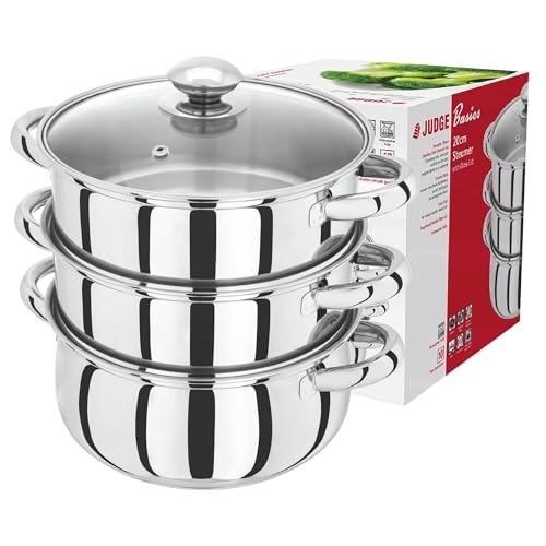 Judge Essentials HX03 Stainless Steel 3 Tier Steamer 20cm, Vented Glass Lid, Integral Casserole Pot, Oven Safe, Induction Ready, 25 Year Guarantee