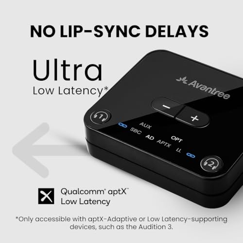 Avantree Audikast 3 - Bluetooth 5.3 Transmitter for TV Audio with aptX Adaptive, Compatible with Optical & AUX Output, Dual Headphone Connection, 100ft Range