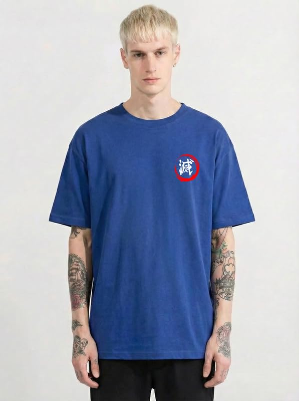 Image of Anime Printed T Shirt for Men | Demons Slayer Giyu Graphic Cotton Oversized Drop Shoulder | Black Round Neck Short Sleeve | Lightweight Casual Wear