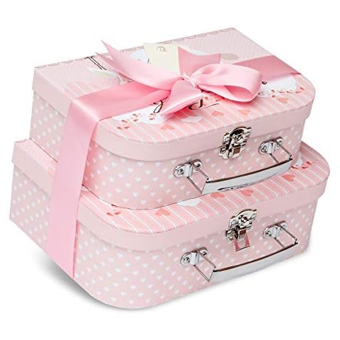 Keepsake Newborn Baby Gift Boxes - Two Ready to Fill Pink Cases with Satin Ribbon and Tag for Small and Medium Sized DIY Shower Gifts for Baby Girls Cover