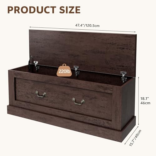 Homiflex Storage Chest, 47.2\" Storage Bench with 3 Safety Hinges, Entryway Bench with Lift Top, Farmhouse Style, Wooden Chest Organizer for Entryway Living Room Hallway, Espresso