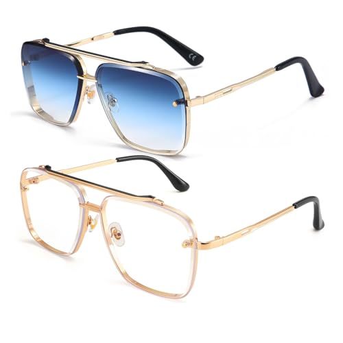 Dollger Square Aviator Sunglasses for Men Fashion Imitation Wood Designer Shades Sunglasses 2 Pack