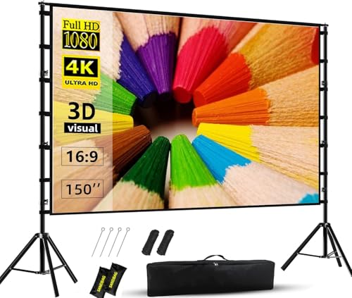 Xisiciao Projector Screen with Stand, 100 inch Indoor Outdoor Projector Screen, Portable 16:9 4K HD Projector Screen, Wrinkle-Free for Home Theater and Backyard Cinema, with Carry Bag (150 inch)
