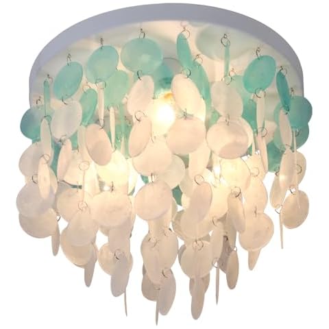 JC TOPA 13.8" Capiz Shell Ceiling Light Fixtures 3 Lights Boho Shells Flush Mount Light for Bedroom, Kitchen Island, Bathroom, Entryway, Hallway, White and Blue Cover
