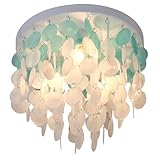 JC TOPA 13.8' Capiz Shell Ceiling Light Fixtures 3 Lights Boho Shells Flush Mount Light for Bedroom, Kitchen Island, Bathroom, Entryway, Hallway, White and Blue