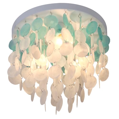 JC TOPA 13.8' Capiz Shell Ceiling Light Fixtures 3 Lights Boho Shells Flush Mount Light for Bedroom, Kitchen Island, Bathroom, Entryway, Hallway, White and Blue
