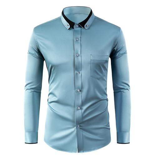 Camisas Manga Larga Hombre con Bolsillo Camisas Verano Hawaianas Hombre Manga Larga Camisa Lino Hombre Manga Larga - Azul,44