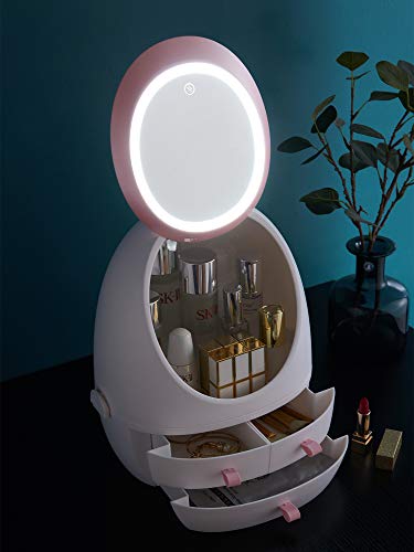 Sooyee Makeup Organizer,Bathroom Counter Organizer, Modern Jewelry and Cosmetic Display Cases with Led Lighted Mirror,Make Up Organizer Stands for Bathroom, Dresser, Vanity Countertop