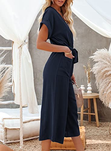 Happy Sailed V Neck Jumpsuits For Women Summer Short Sleeve Button Down Jumpsuits Casual Loose Wide Leg Long Pants Belted Jumpers Rompers With Pockets Blue Medium #TOP3