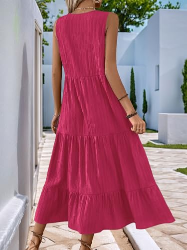 Image of HELYO Women's Casual Summer Dress 2026 Sleeveless V Neck Button Beach Sundress Tiered Ruffle Flows Skirt Midi Dresses