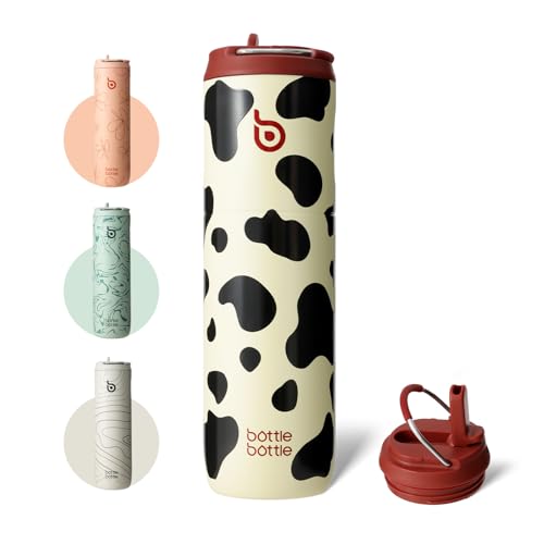 BOTTLE BOTTLE Isolierte Edelstahl Trinkflasche 750 ml mit Strohhalm Deckel & Griff Auslaufsicher BPA-frei Doppelwandig - Ideale Wasserflasche für Sport Reisen & Fitness (Kuh)