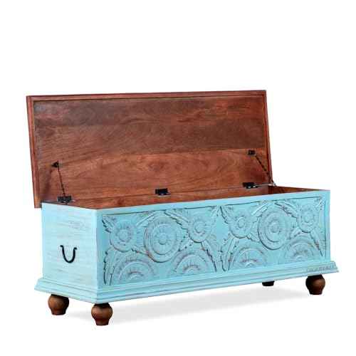 Image of Revia Wooden Trunk Box for Storage | Solid Wood Coffee Table for Living Room | Handcrafted Center Tea Table with Sandook Storage for Living Room | Pitara for Home and Bedroom (Blue Distress)
