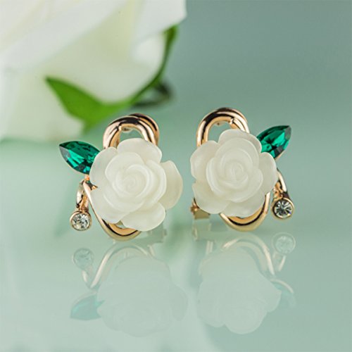 Merdia Charming Peony Flower Clip Earrings With Green Leaves For Elegent Beautiful Women Or Girls #TOP2