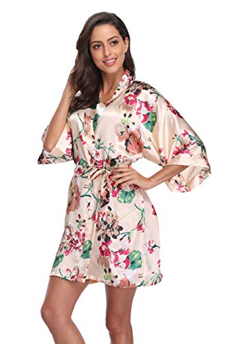 Women's Satin Robes Bridesmaid Floral Robe Silky Short Kimono Bathrobe Wedding Party Dressing Gown. Champagne Small #TOP4