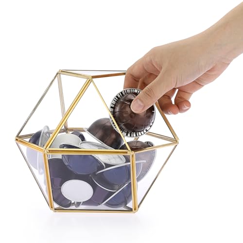 ELLDOO Porta cialde di caffè in vetro dorato, grande capacità, 14 lati, per tazze K e capsule Nespresso, contenitore per capsule di caffè per bancone bar, cucina, ufficio