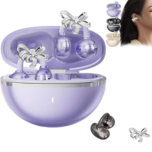 Clip-on Earbuds with Detachable Bow Earrings,Open-Ear Wireless Bluetooth 5.4 Headphones with Mic, Comfortable Fit & 72H Playtime Jewelry-Inspired Headphones for Women Gifts,Sports & Workouts (purple)