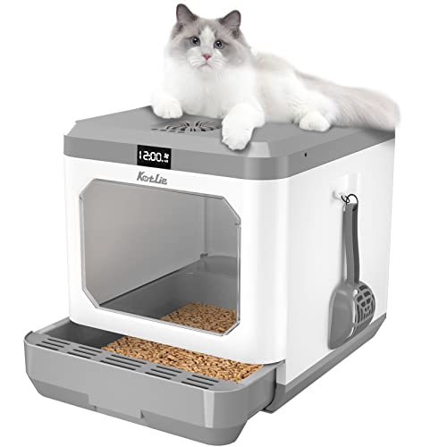 Katzenklo XXL - Auto-Desinfektion Geruchsentfernende - Katzentoilette mit Deckel für Katzen bis 15 kg, auslaufsicherer Boden mit Schaufel und Matte, Weiß/grau Katzenklo Cover
