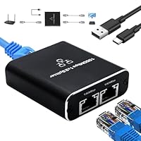 GNUADZ LAN Splitter 1 to 2, 1000 Mbps Gigabit Ethernet Splitter 2 Port with Type-C Power Cable, Aluminum Housing Network Switch for Computer, Hub, Router, Modem, Set-Top Box, Cat 5/5e/6/7/8